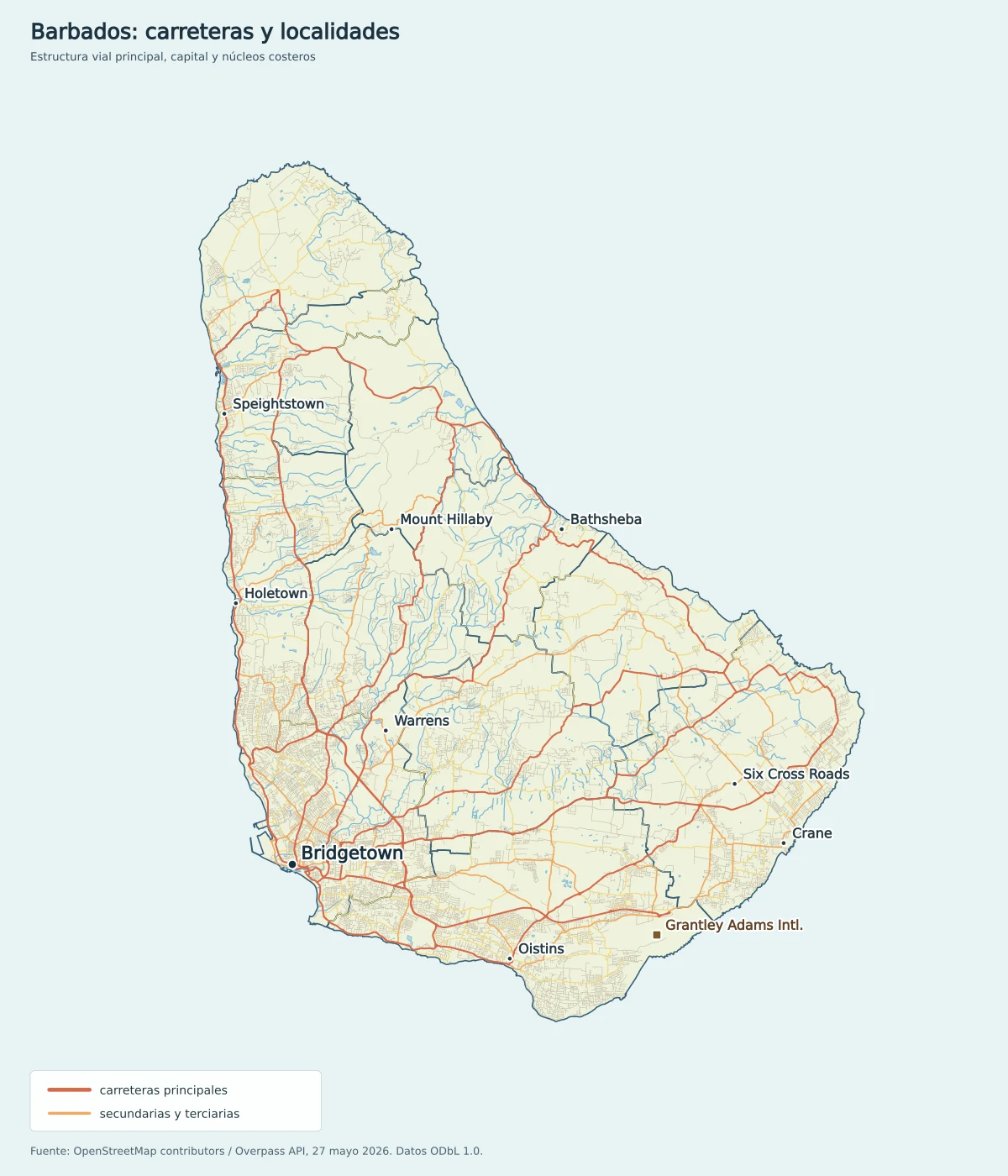 Mapa de carreteras de Barbados con Bridgetown, Speightstown, Holetown, Oistins, Bathsheba, Warrens, Six Cross Roads, Crane y el aeropuerto Grantley Adams