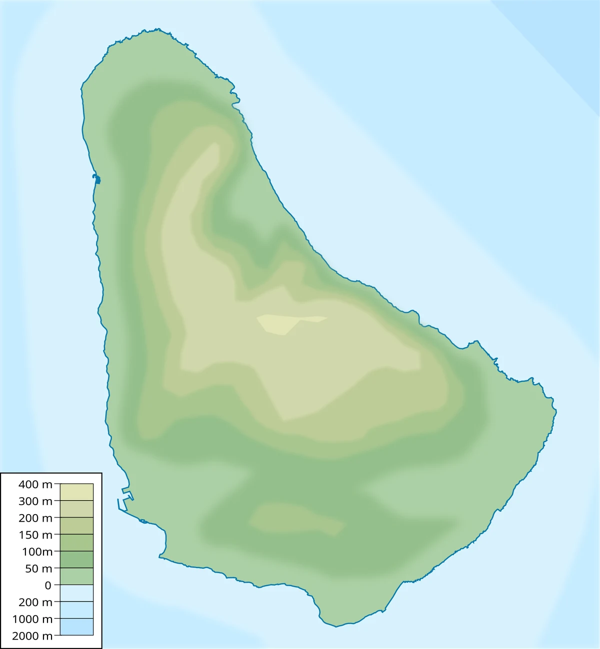 Mapa físico de Barbados con relieve, costa y escala altimétrica hasta 400 metros