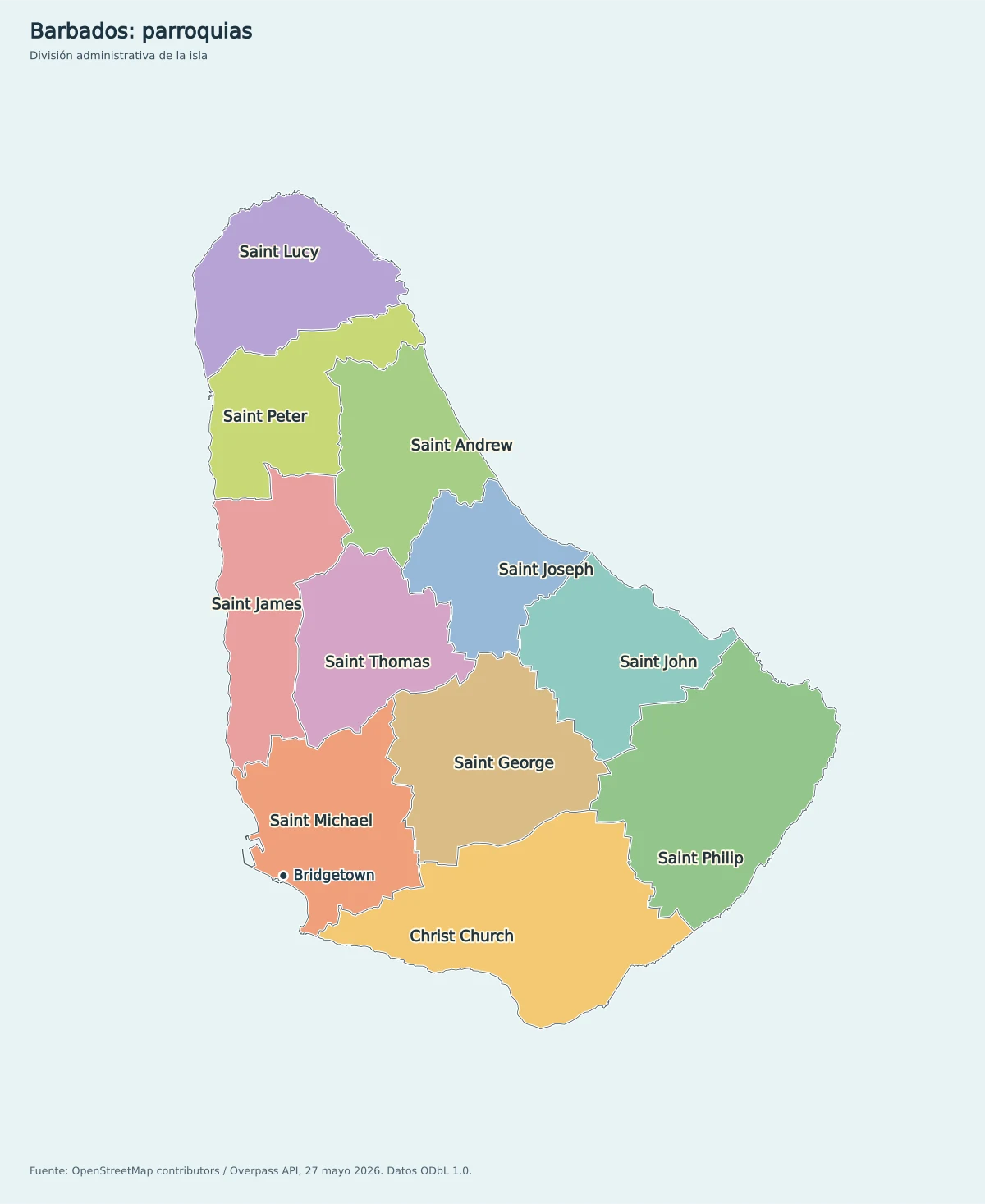 Mapa de Barbados con las 11 parroquias: Christ Church, Saint Andrew, Saint George, Saint James, Saint John, Saint Joseph, Saint Lucy, Saint Michael, Saint Peter, Saint Philip y Saint Thomas