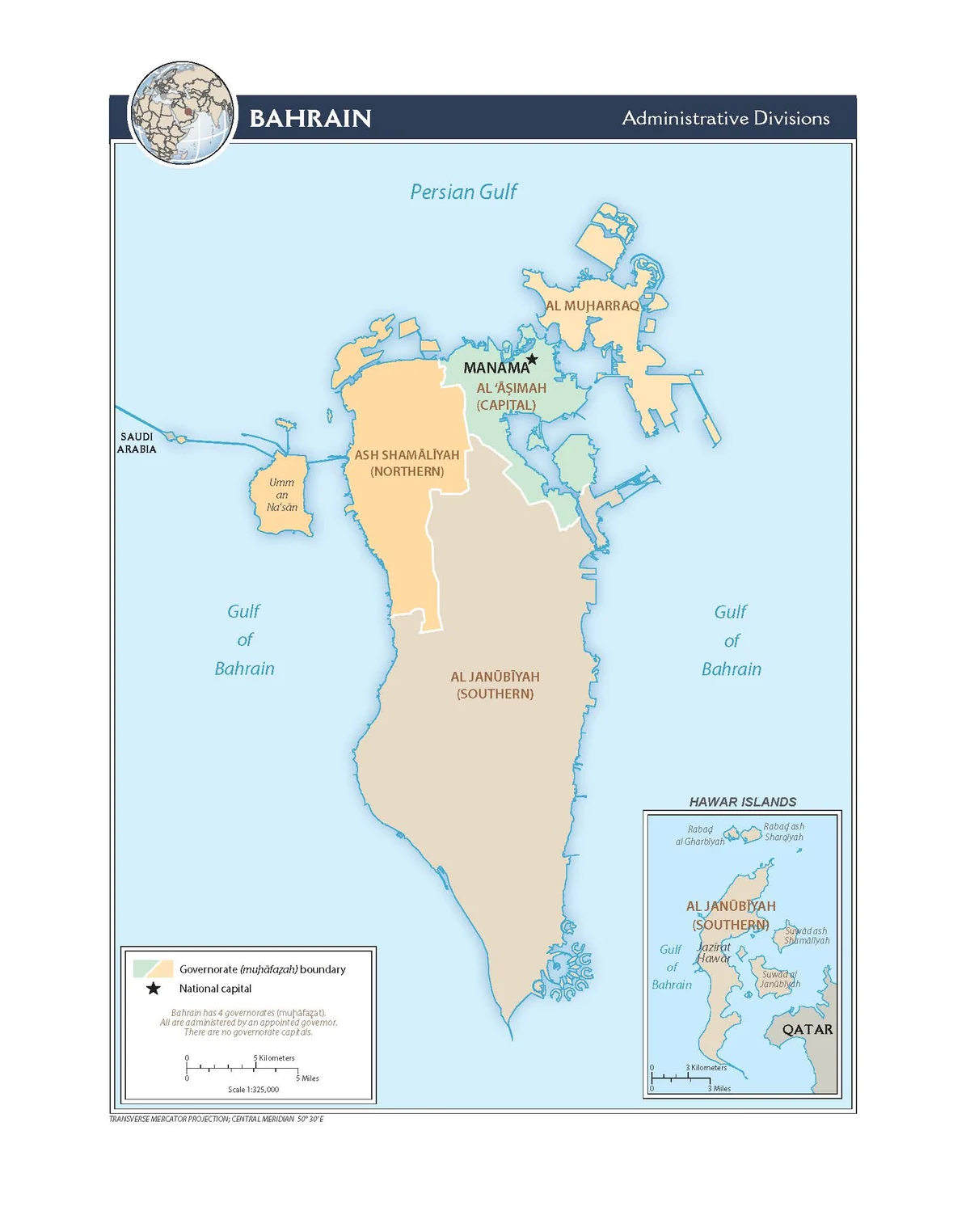 Mapa administrativo de Baréin con las gobernaciones Capital, Muharraq, Norte y Sur, Manama, Umm an Na'san, Arabia Saudita y recuadro de las islas Hawar junto a Catar