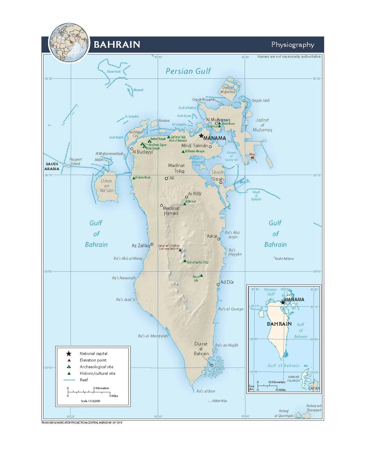 Mapa físico de Baréin con relieve sombreado, Manama, Muharraq, Sitra, Riffa, Umm an Na'san, Durrat al Bahrain, islas Hawar, arrecifes, sitios arqueológicos y punto de elevación Jabal ad Dukhan