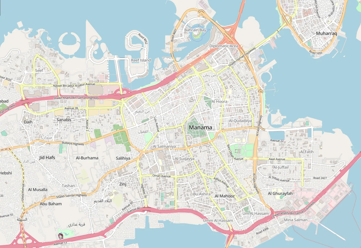Mapa urbano OSM de Manama de abril de 2026 con Seef, Reef Island, Bahrain Bay, Diplomatic Area, Al Hoora, Salmaniya, Juffair, Mina Salman y Muharraq