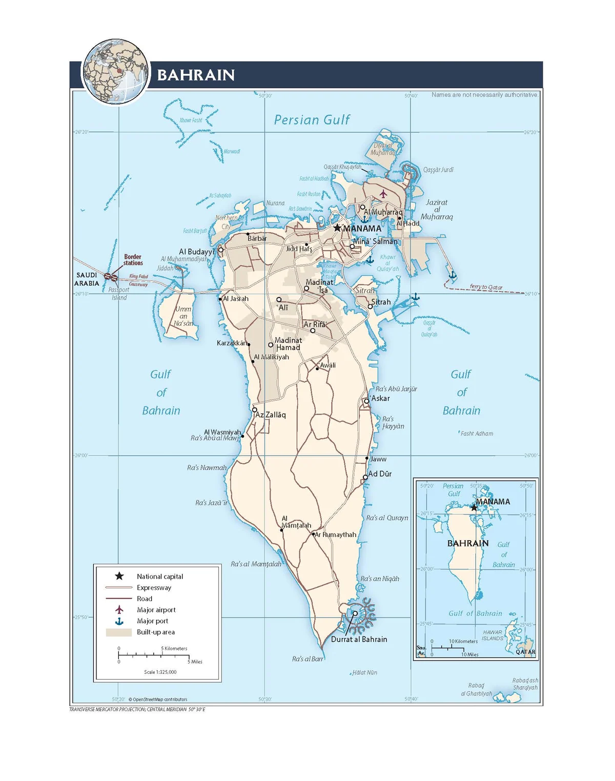 Mapa de transporte de Baréin con carreteras, autopistas, Manama, Muharraq, Riffa, Sitra, aeropuerto, puerto Mina Salman, calzada del Rey Fahd y conexión a Arabia Saudita