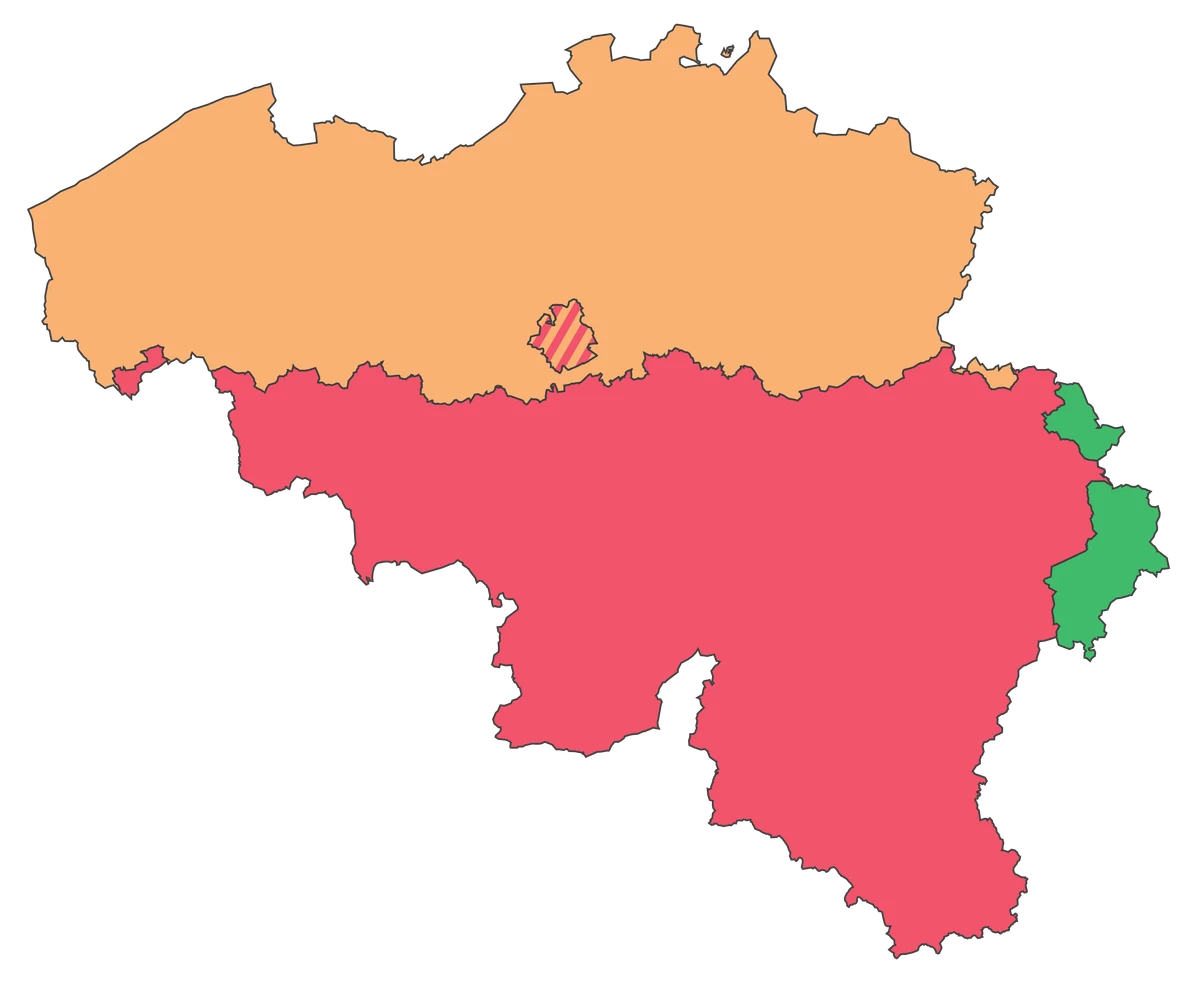 Mapa de Bélgica con comunidad flamenca, comunidad francesa, comunidad germanófona y Bruselas bilingüe