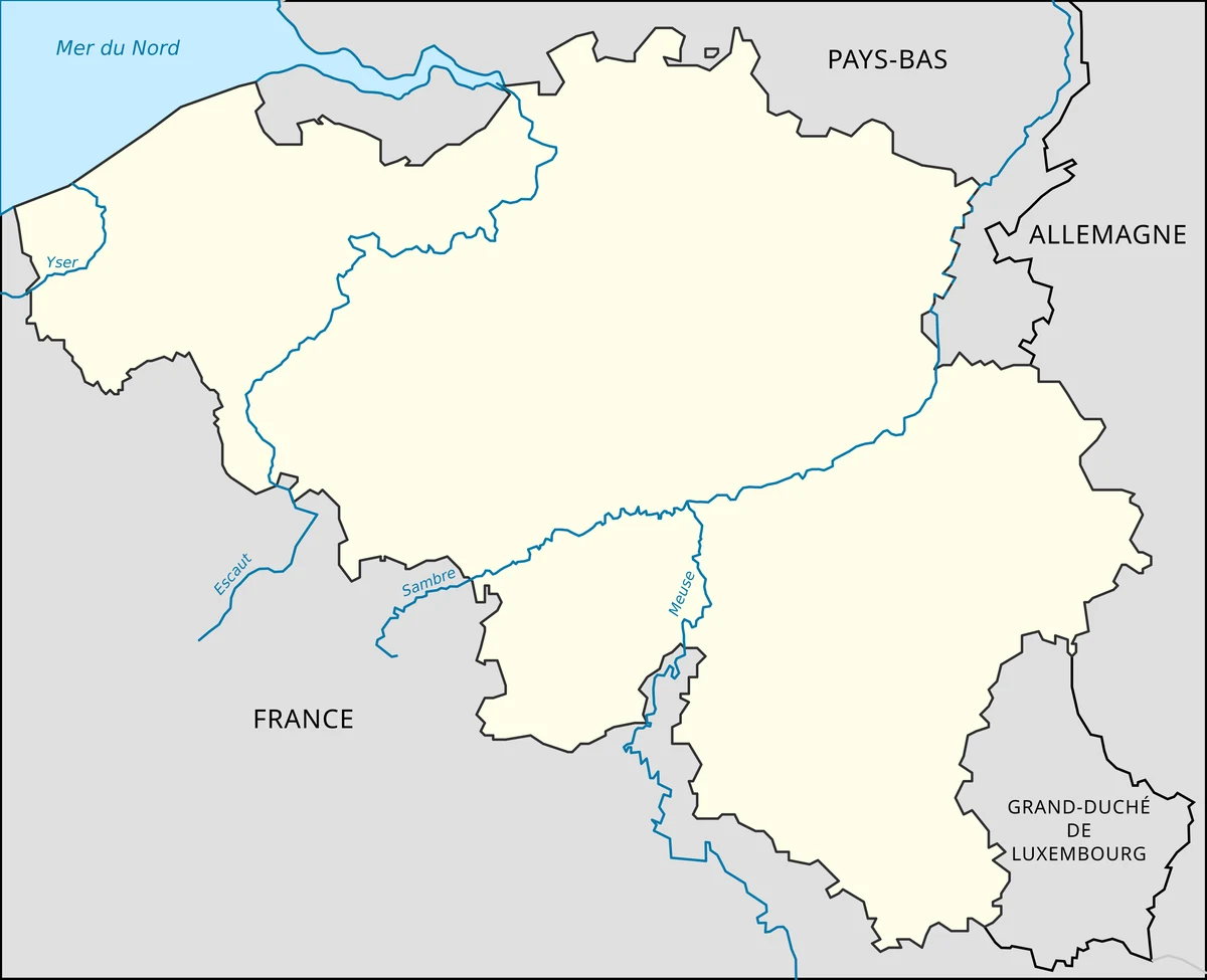 Mapa hidrográfico de Bélgica con ríos principales, Escalda, Sambre, Mosa, Yser y países vecinos en francés