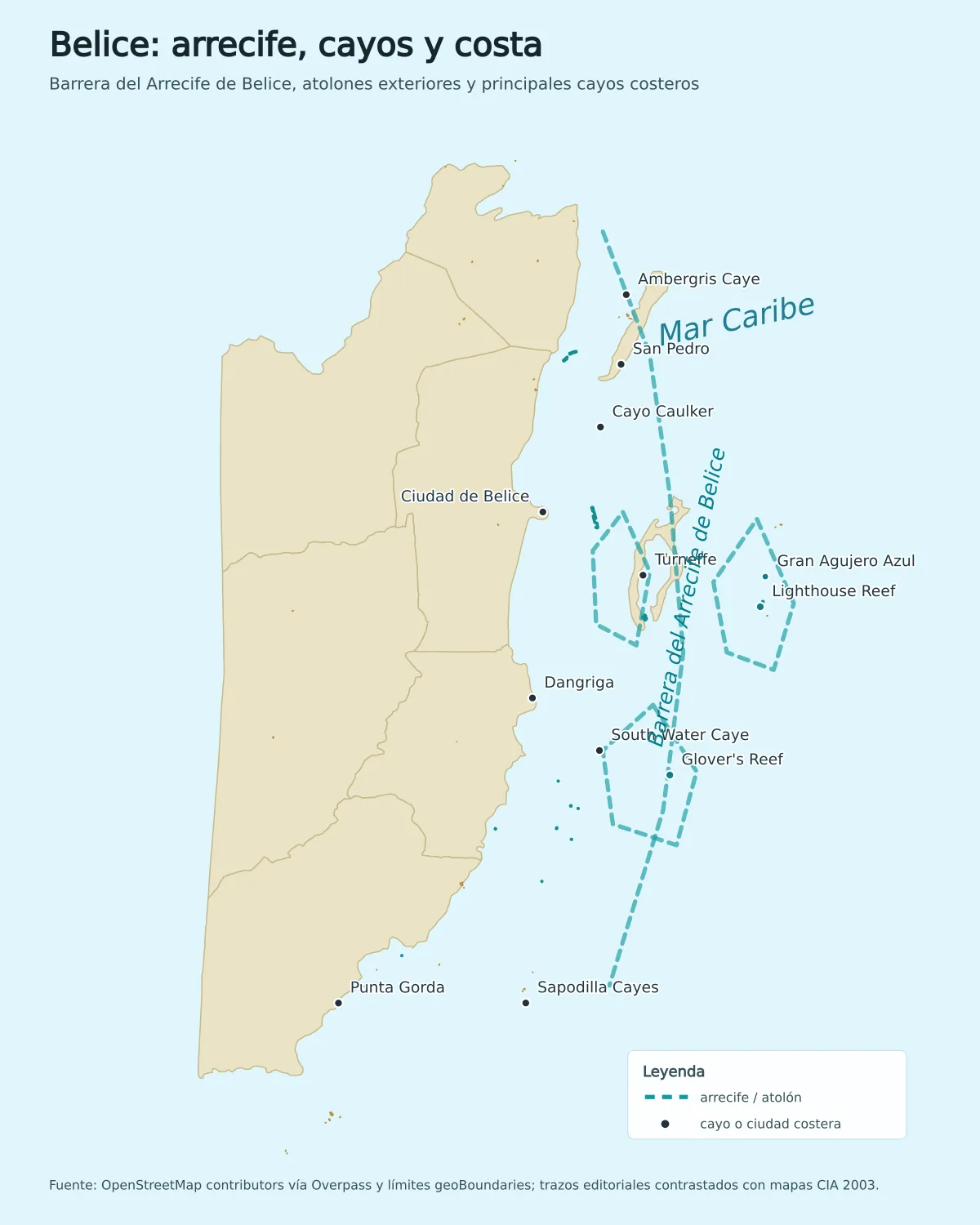 Mapa de Belice con la Barrera del Arrecife, Ambergris Caye, Caye Caulker, Turneffe, Lighthouse Reef, Glover's Reef, South Water Caye y Sapodilla Cayes