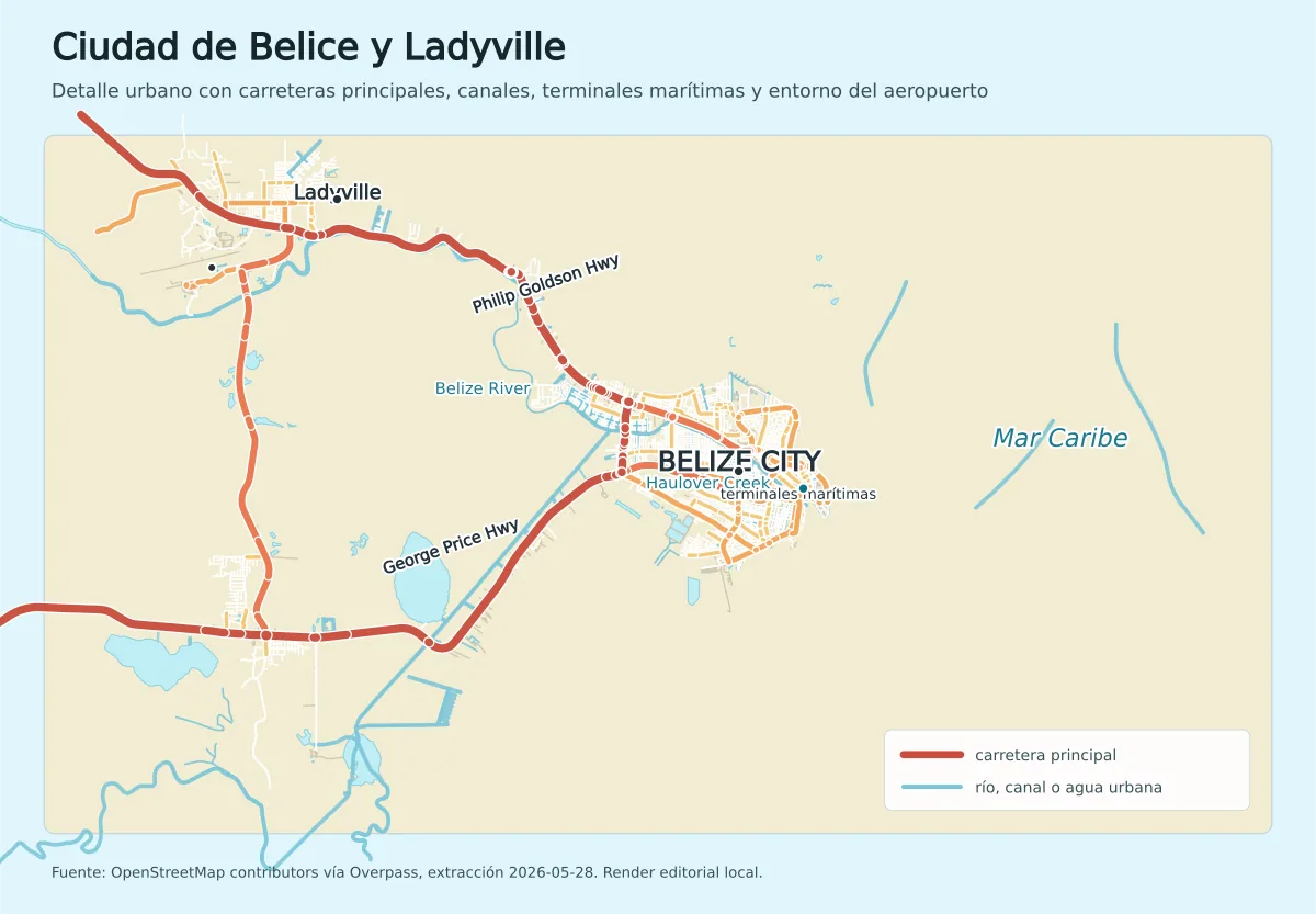 Mapa de detalle de Ciudad de Belice y Ladyville con Philip Goldson Highway, George Price Highway, canales, ríos, terminales marítimas y aeropuerto