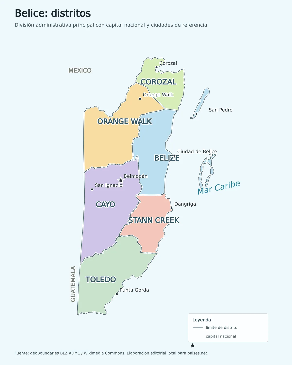 Mapa de Belice con los distritos de Corozal, Orange Walk, Belize, Cayo, Stann Creek y Toledo, Belmopán, Ciudad de Belice y ciudades principales
