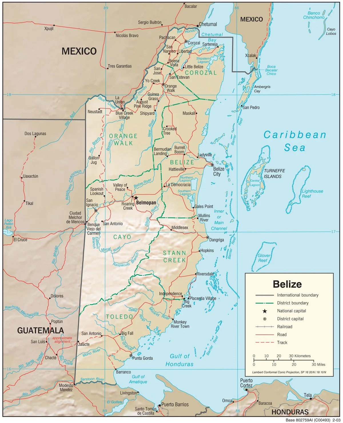 Mapa físico de Belice con relieve, ríos, Montañas Mayas, distritos, costa, cayos, Turneffe Islands, Lighthouse Reef y Glover Reef