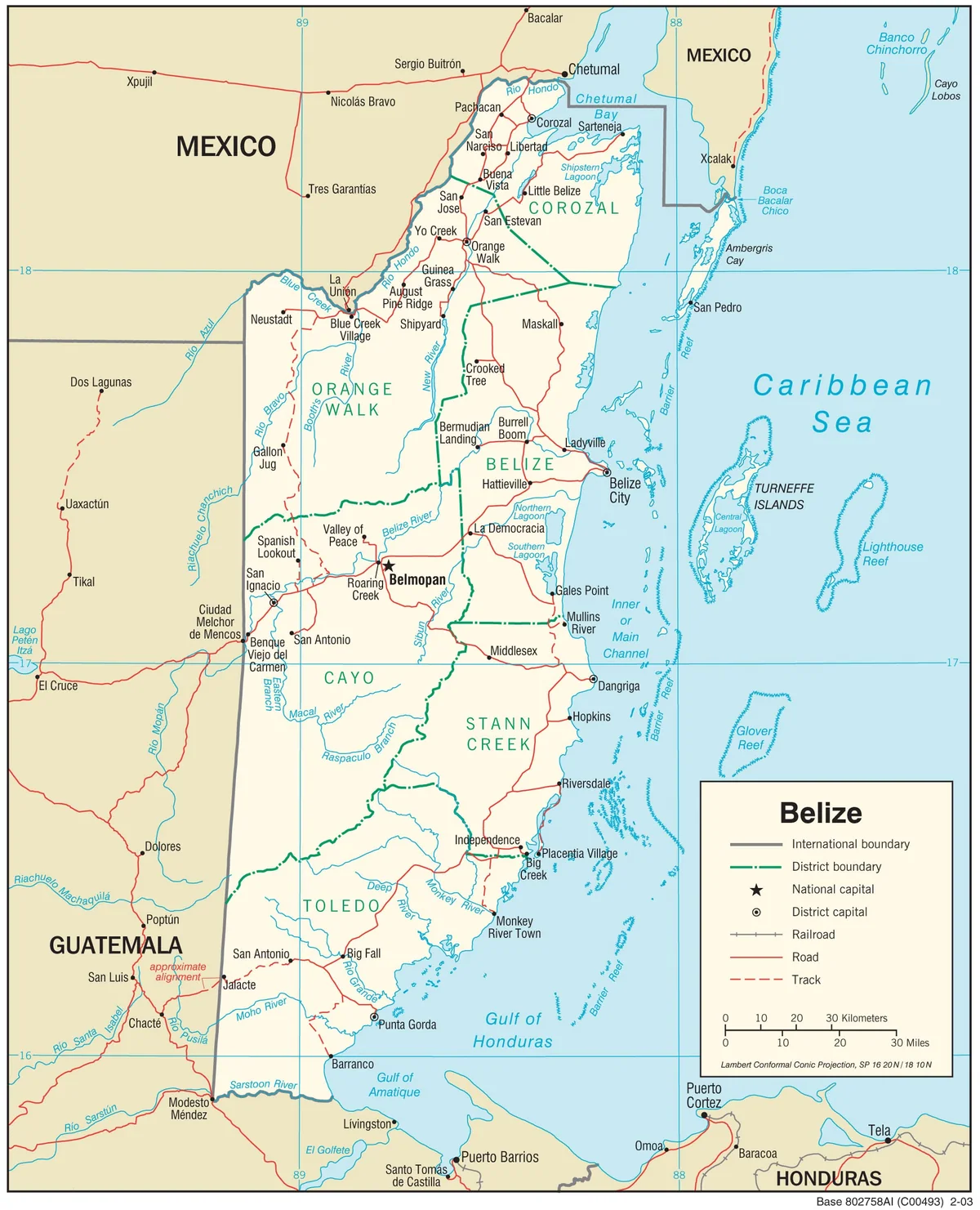 Mapa de transporte de Belice con carreteras, pistas, ferrocarril, Belmopán, Ciudad de Belice, Corozal, Orange Walk, San Ignacio, Dangriga y Punta Gorda