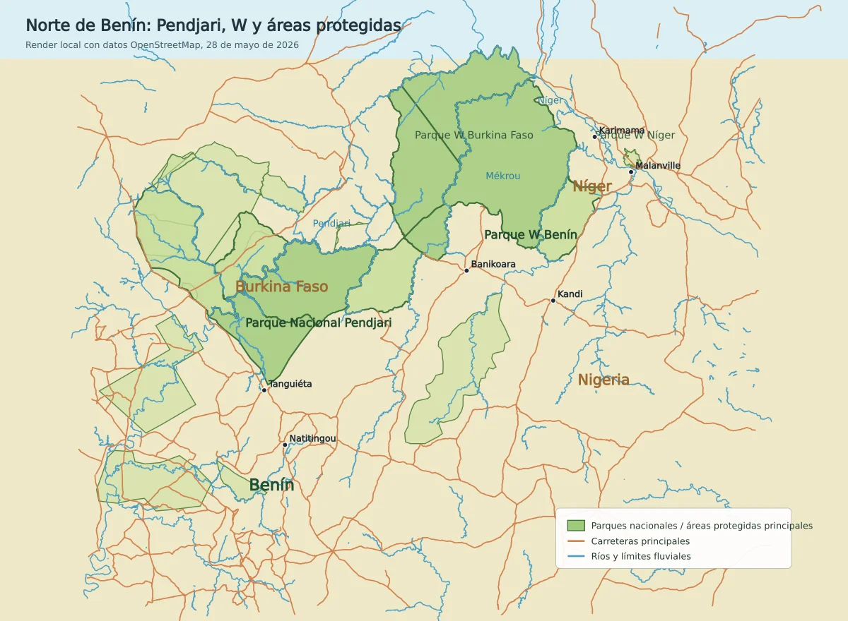 Mapa del norte de Benín con Parque Nacional de la Pendjari, Parque W de Benín, Parque W de Burkina Faso, Parque W de Níger, ríos Pendjari, Mékrou y Níger, Natitingou, Tanguiéta, Banikoara, Kandi y Malanville