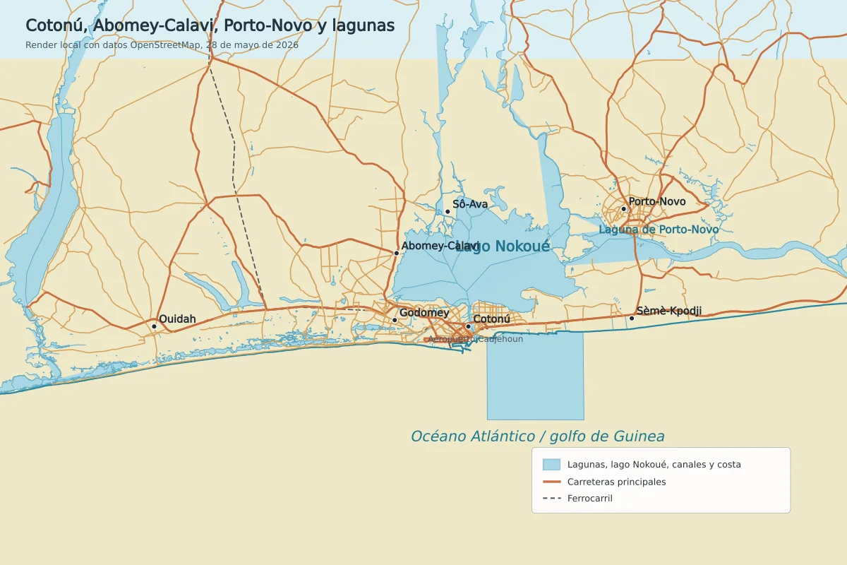Mapa del litoral de Benín con Cotonú, Abomey-Calavi, Porto-Novo, Ouidah, Sèmè-Kpodji, lago Nokoué, laguna de Porto-Novo, carreteras, ferrocarril y costa del golfo de Guinea