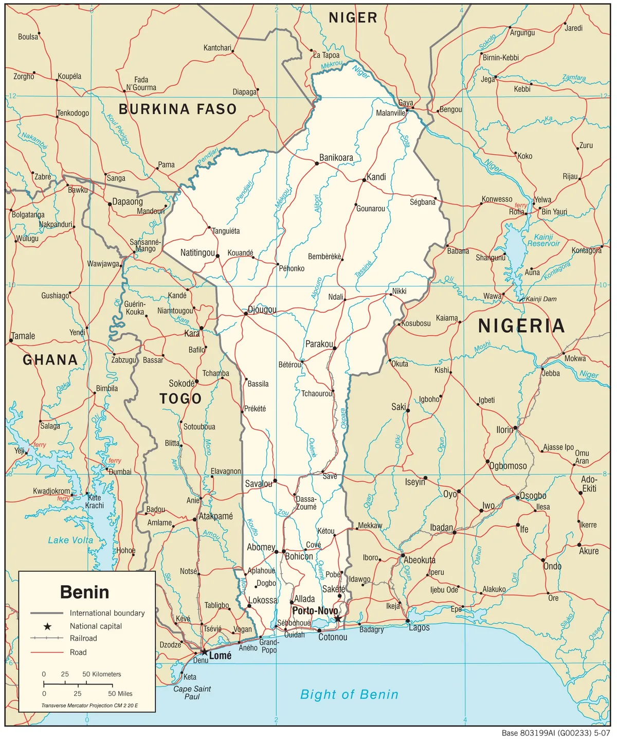 Mapa de transporte de Benín con carreteras, ferrocarril, Cotonú, Porto-Novo, Abomey-Calavi, Bohicon, Djougou, Parakou, Natitingou y Malanville