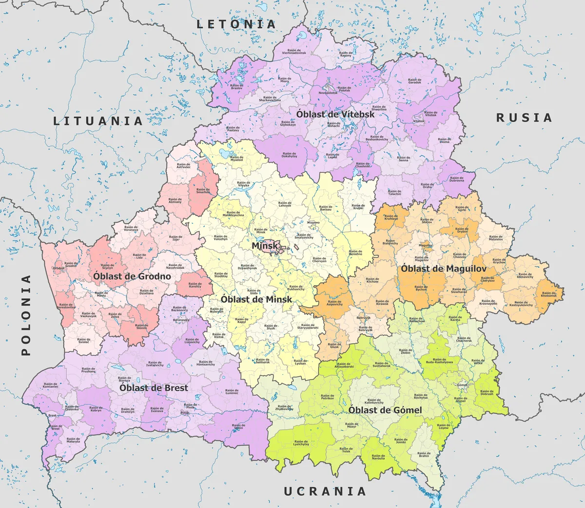 Mapa de Bielorrusia en español con oblasts, Minsk, Brest, Grodno, Gomel, Maguiliov, Vitebsk y raiones