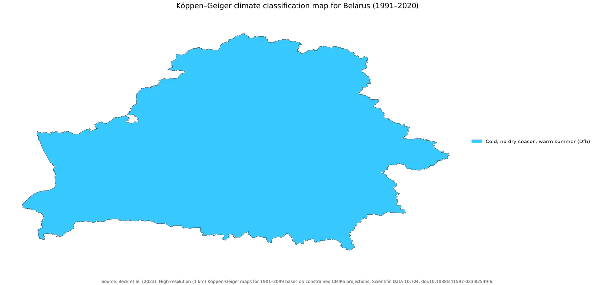 Mapa de Bielorrusia con clasificacion climatica Koppen-Geiger 1991-2020 y predominio Dfb
