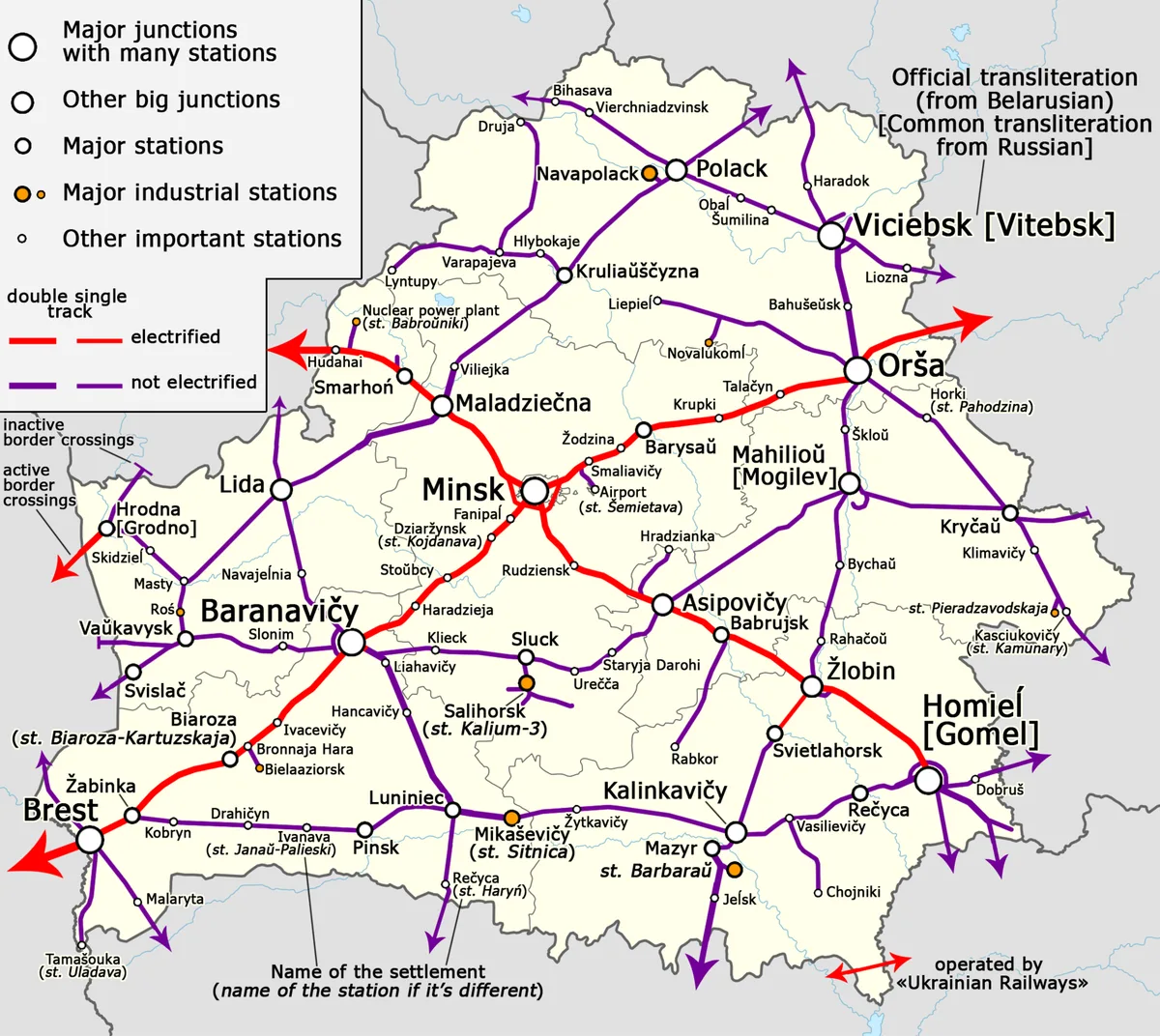 Mapa ferroviario de Bielorrusia con lineas electrificadas, no electrificadas, estaciones principales y conexiones fronterizas