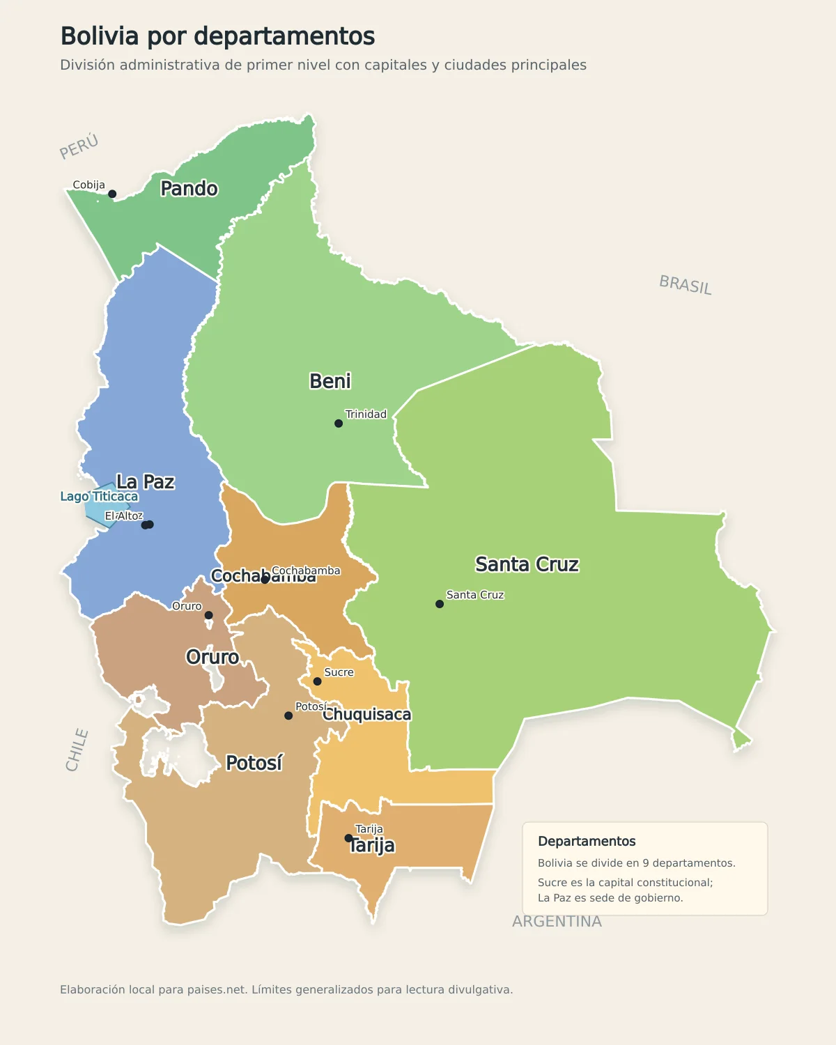 Mapa de Bolivia en español con los departamentos de Pando, Beni, La Paz, Cochabamba, Santa Cruz, Oruro, Potosí, Chuquisaca y Tarija