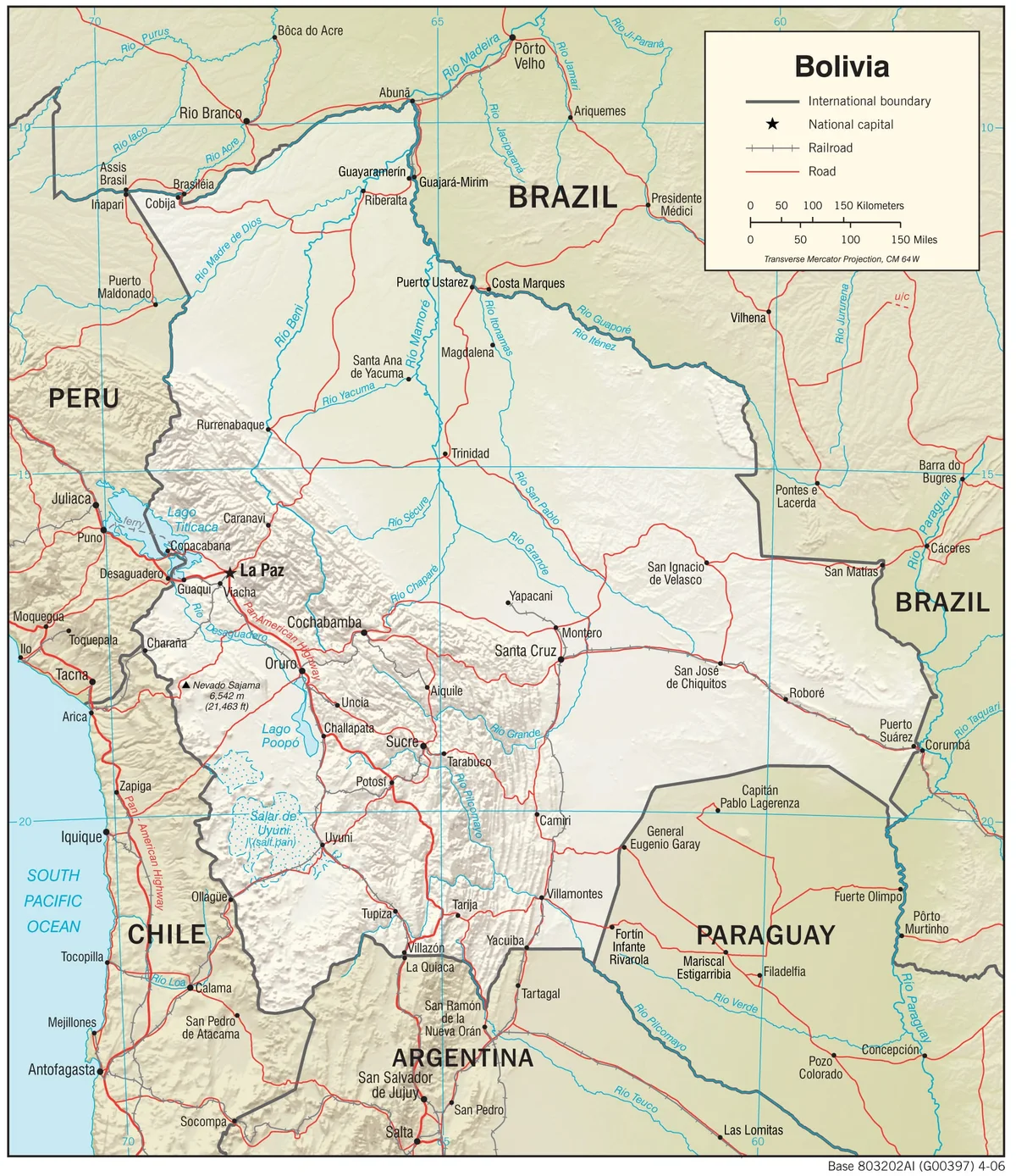 Mapa físico de Bolivia con relieve, Andes, Altiplano, Lago Titicaca, Salar de Uyuni, ríos, ciudades, carreteras y países vecinos