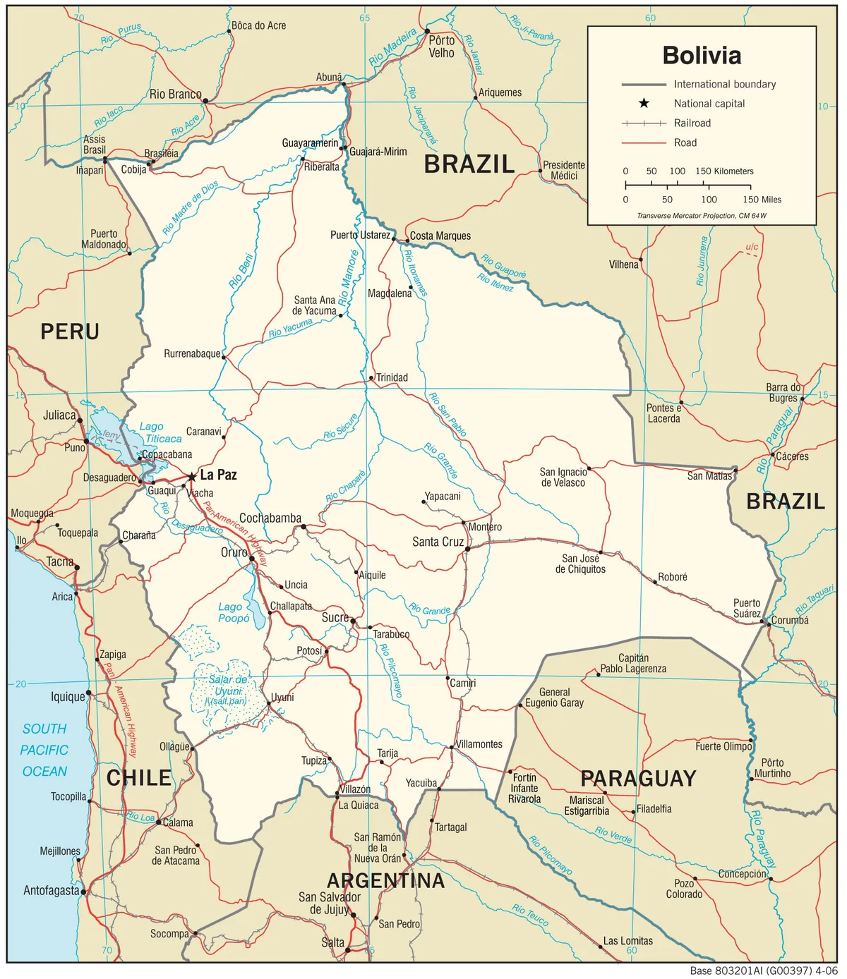 Mapa de transporte de Bolivia con carreteras, ferrocarril, La Paz, Santa Cruz, Cochabamba, Sucre, Potosí, Tarija, Trinidad y conexiones fronterizas