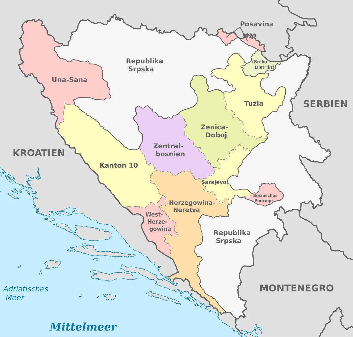 Mapa administrativo de Bosnia y Herzegovina con Federación de Bosnia y Herzegovina, República Srpska, distrito Brčko y cantones