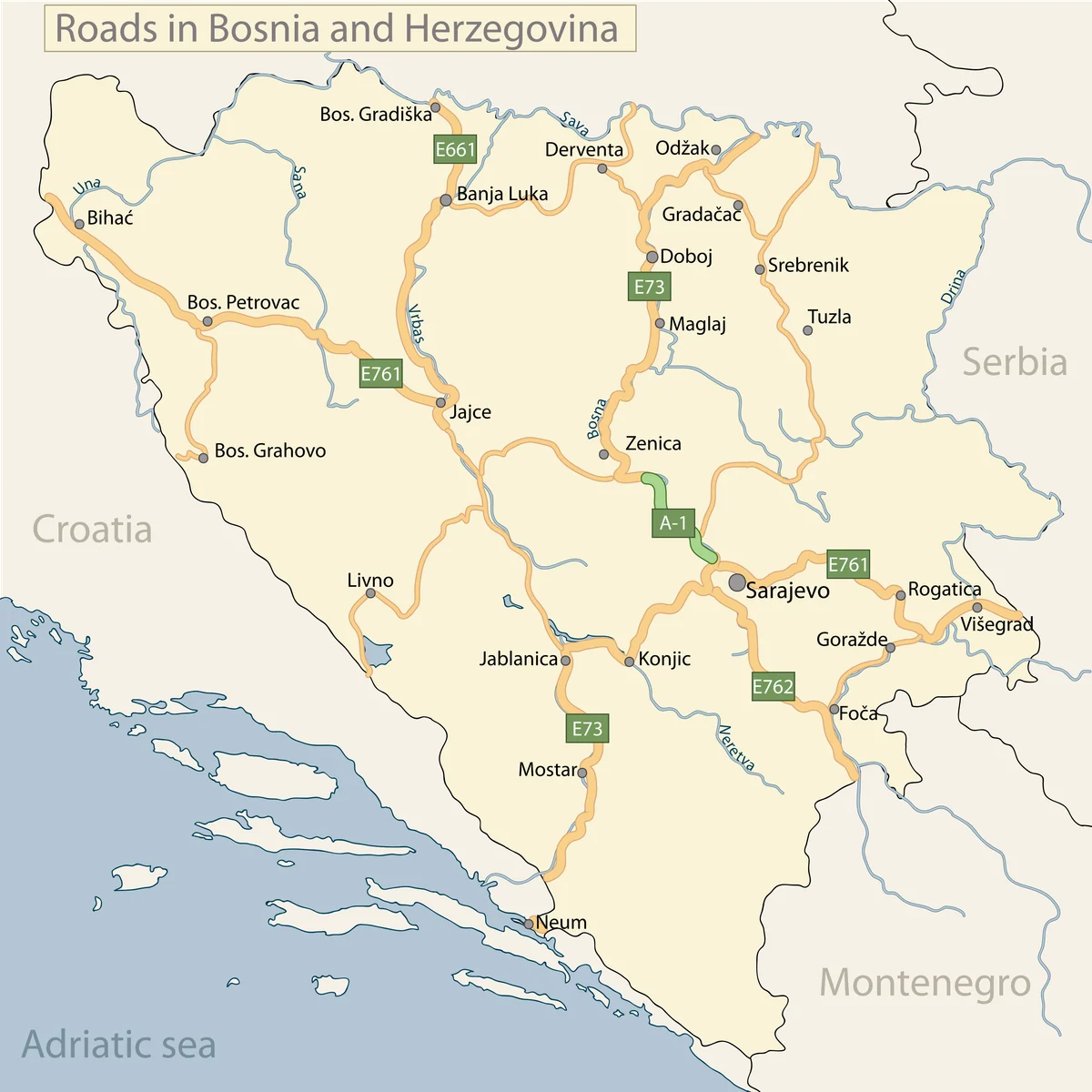 Mapa de carreteras de Bosnia y Herzegovina con rutas principales entre Sarajevo, Banja Luka, Mostar, Tuzla, Zenica, Doboj y fronteras vecinas