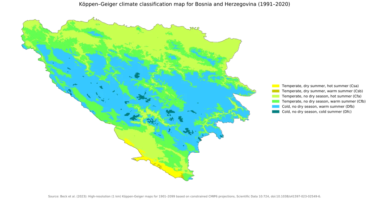 Mapa de Bosnia y Herzegovina con clasificación climática Köppen-Geiger 1991-2020 y leyenda en inglés