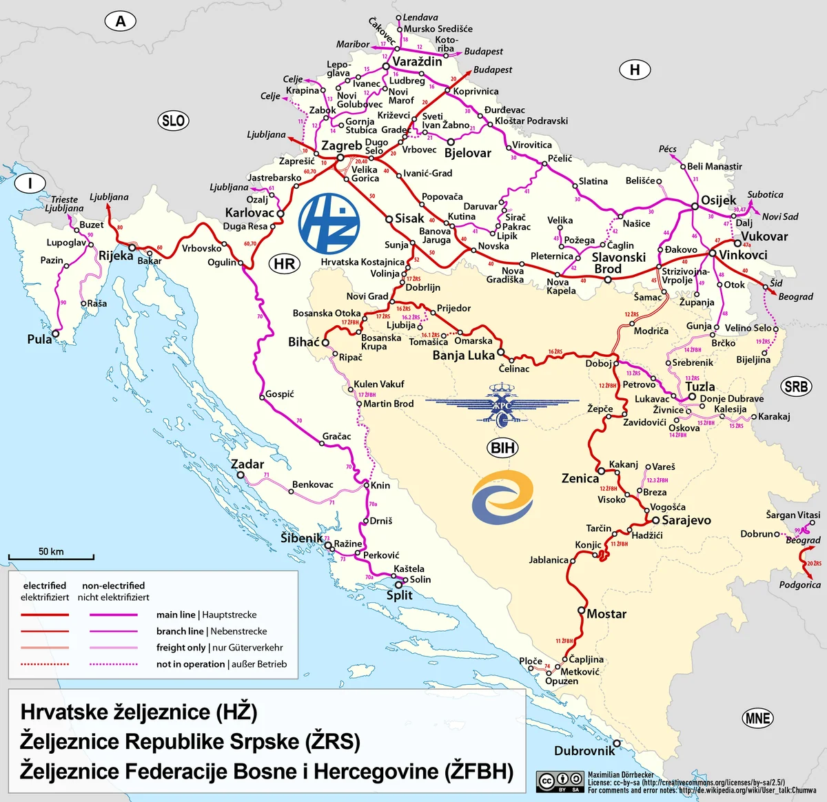 Mapa ferroviario de Croacia y Bosnia y Herzegovina con líneas hacia Sarajevo, Banja Luka, Doboj, Tuzla, Mostar, Ploče y Zagreb