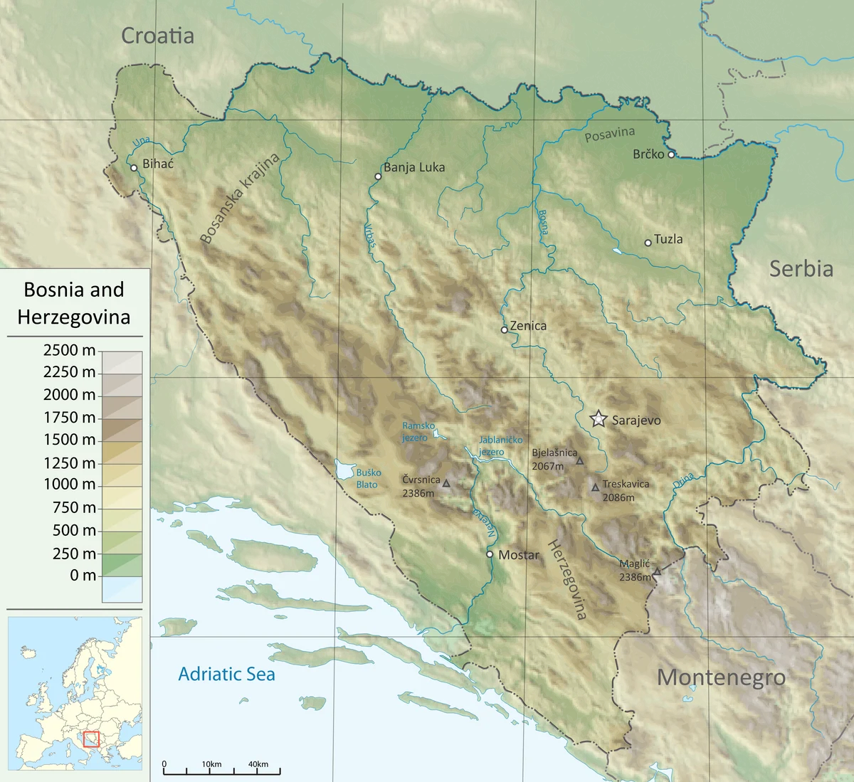 Mapa topográfico de Bosnia y Herzegovina con relieve, ríos, fronteras, lagos, Sarajevo, Banja Luka, Mostar y Tuzla