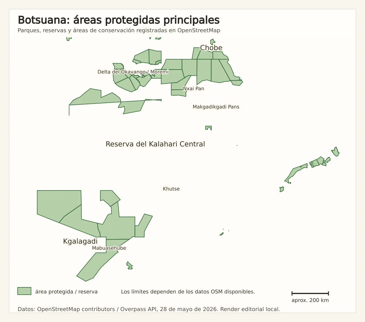 Mapa de áreas protegidas de Botsuana con delta del Okavango y Moremi, Chobe, Nxai Pan, Makgadikgadi Pans, Reserva del Kalahari Central, Khutse, Kgalagadi y Mabuasehube