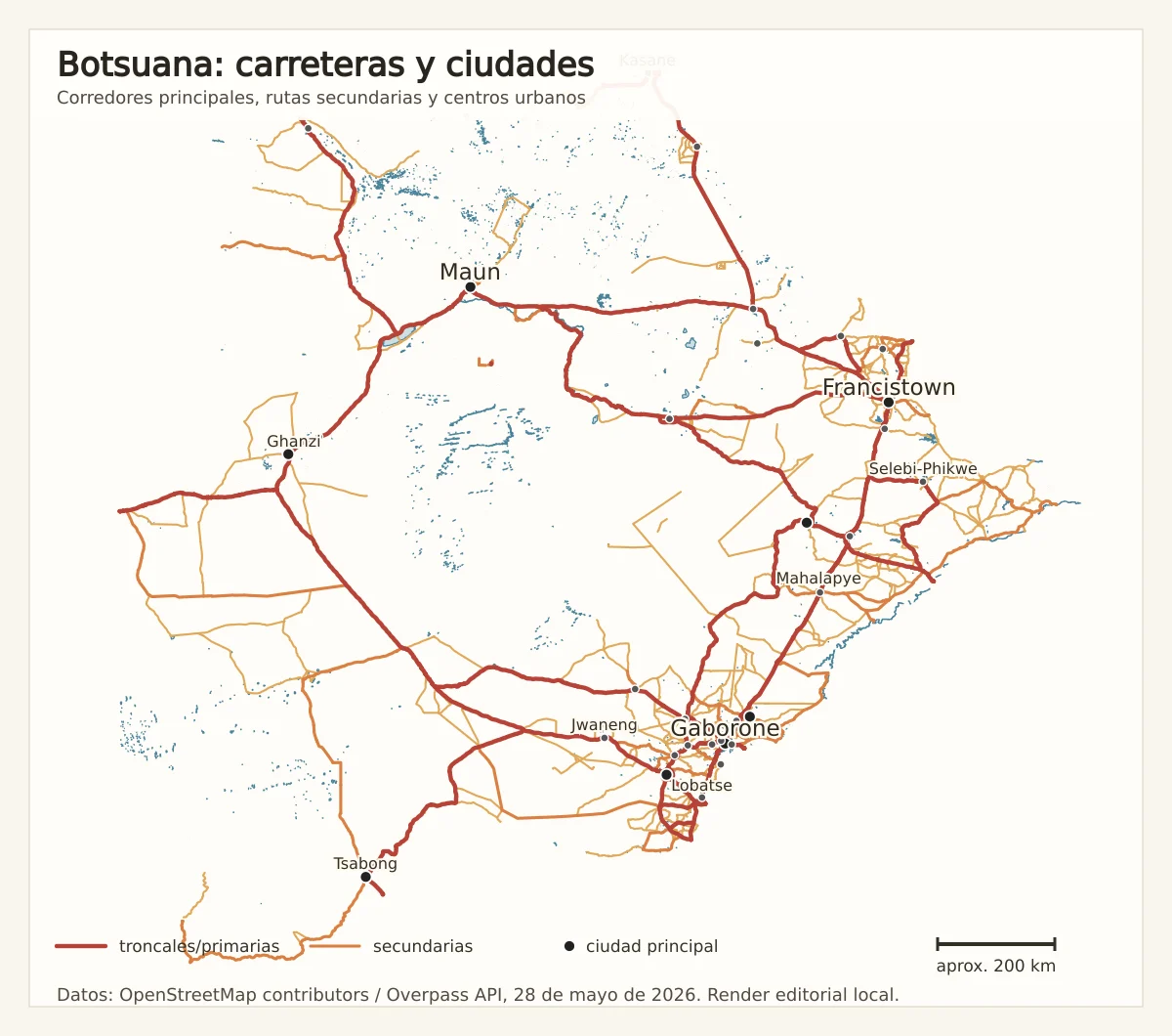 Mapa de carreteras de Botsuana con Gaborone, Francistown, Maun, Kasane, Ghanzi, Tsabong, Jwaneng, Lobatse, Mahalapye y Selebi-Phikwe
