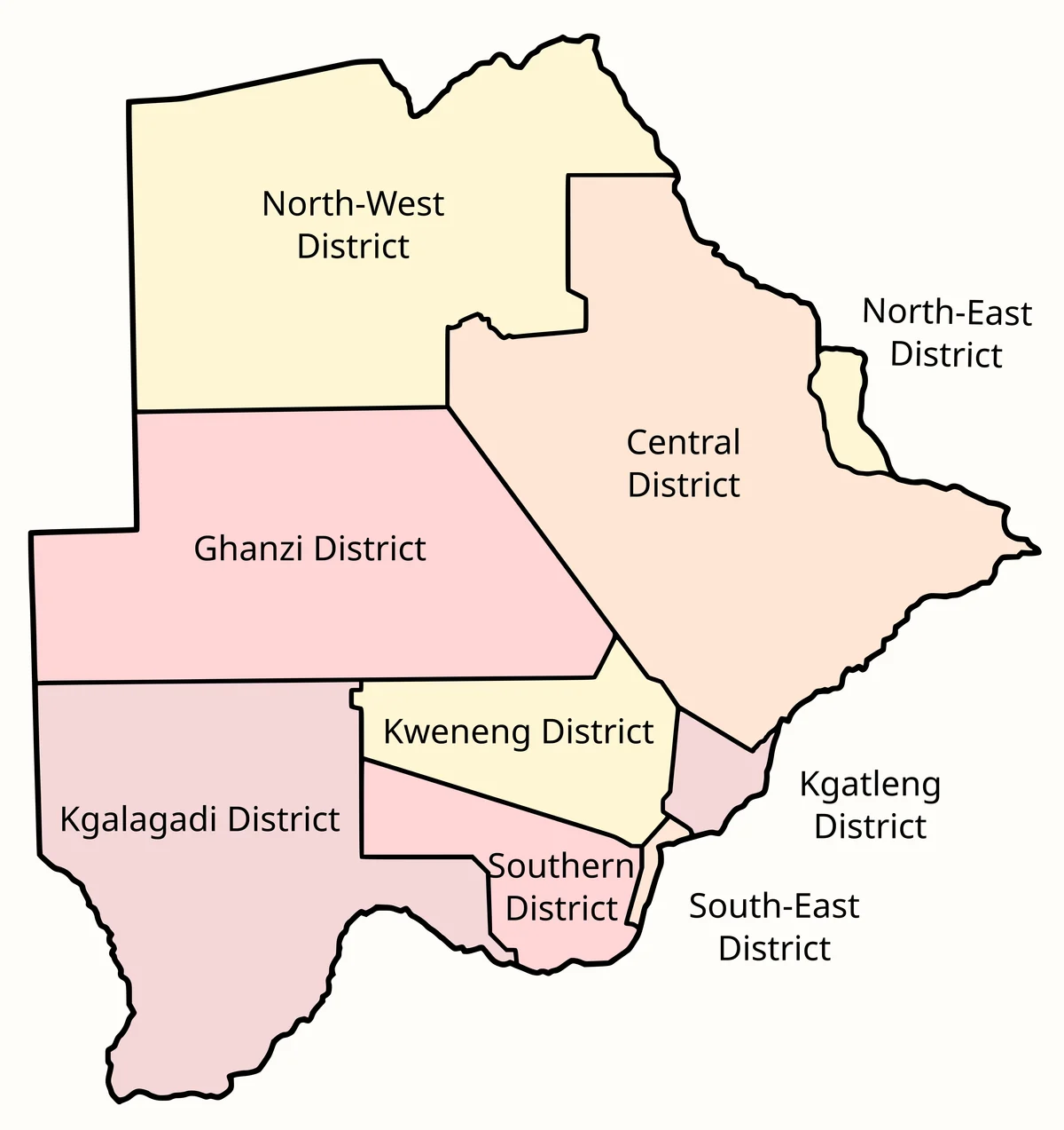 Mapa de Botsuana con los distritos North-West, Central, North-East, Ghanzi, Kgalagadi, Kweneng, Kgatleng, Southern y South-East