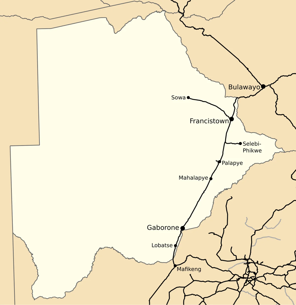 Mapa de la red ferroviaria de Botsuana con Gaborone, Lobatse, Mahalapye, Palapye, Francistown, Selebi-Phikwe, Sowa, Mafikeng y Bulawayo