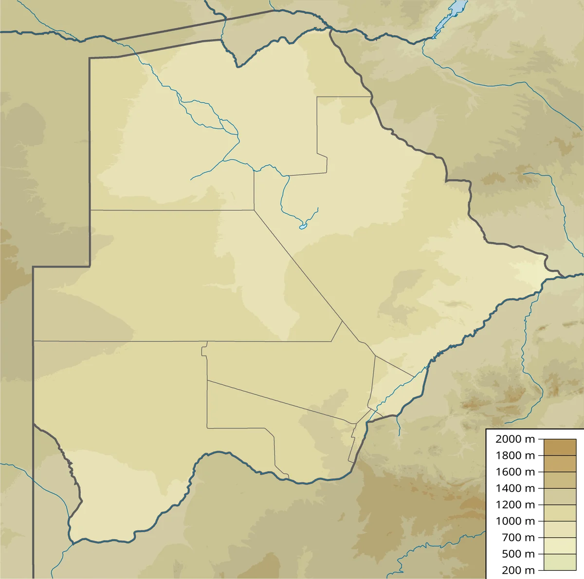 Mapa físico de Botsuana con relieve, altitudes, ríos, delta del Okavango, Kalahari y países vecinos
