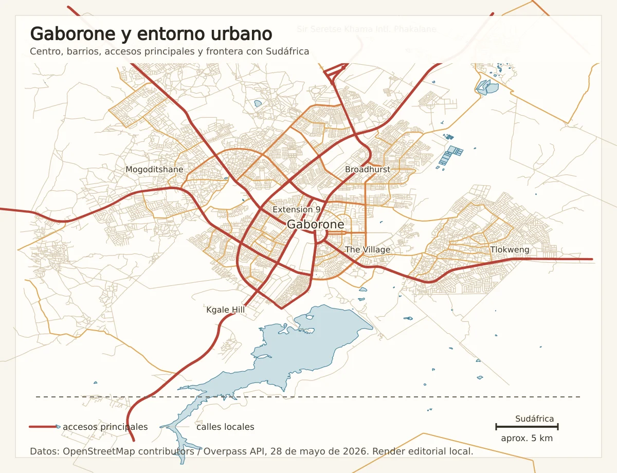 Mapa urbano de Gaborone con el centro, Broadhurst, Extension 9, The Village, Tlokweng, Mogoditshane, Phakalane, Kgale Hill, aeropuerto Sir Seretse Khama y frontera con Sudáfrica