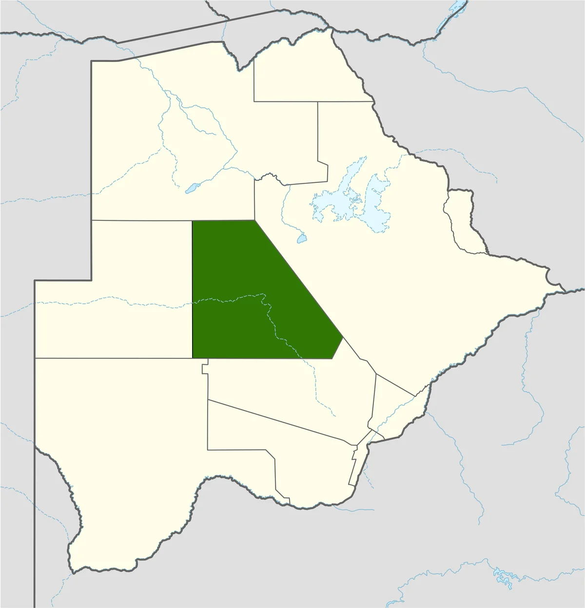 Mapa de Botsuana con la Reserva del Kalahari Central destacada en el centro del país