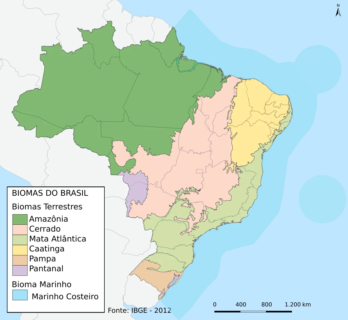 Mapa de biomas de Brasil con Amazonía, Cerrado, Mata Atlántica, Caatinga, Pampa, Pantanal y bioma marino costero