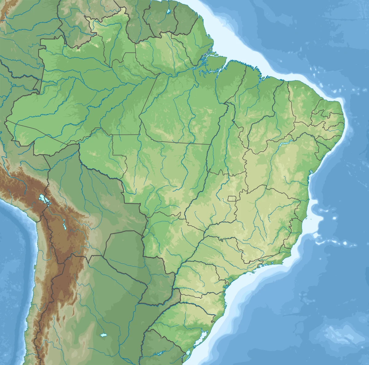 Mapa físico de Brasil con relieve, ríos principales, límites estatales y costa atlántica