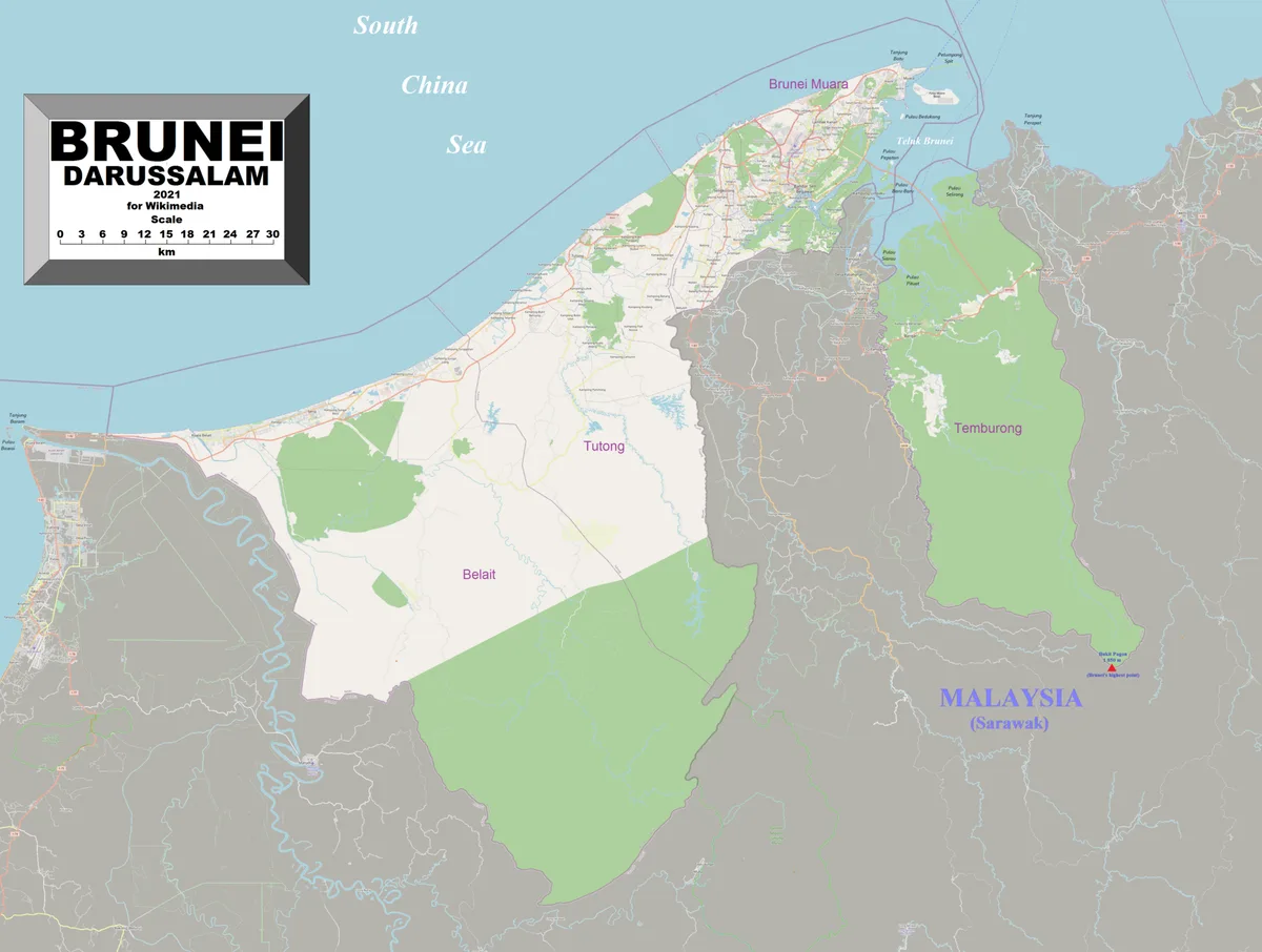 Mapa OSM de Brunéi con Bandar Seri Begawan, Kuala Belait, Tutong, Temburong, carreteras, pueblos, ríos, bahía de Brunéi y Sarawak
