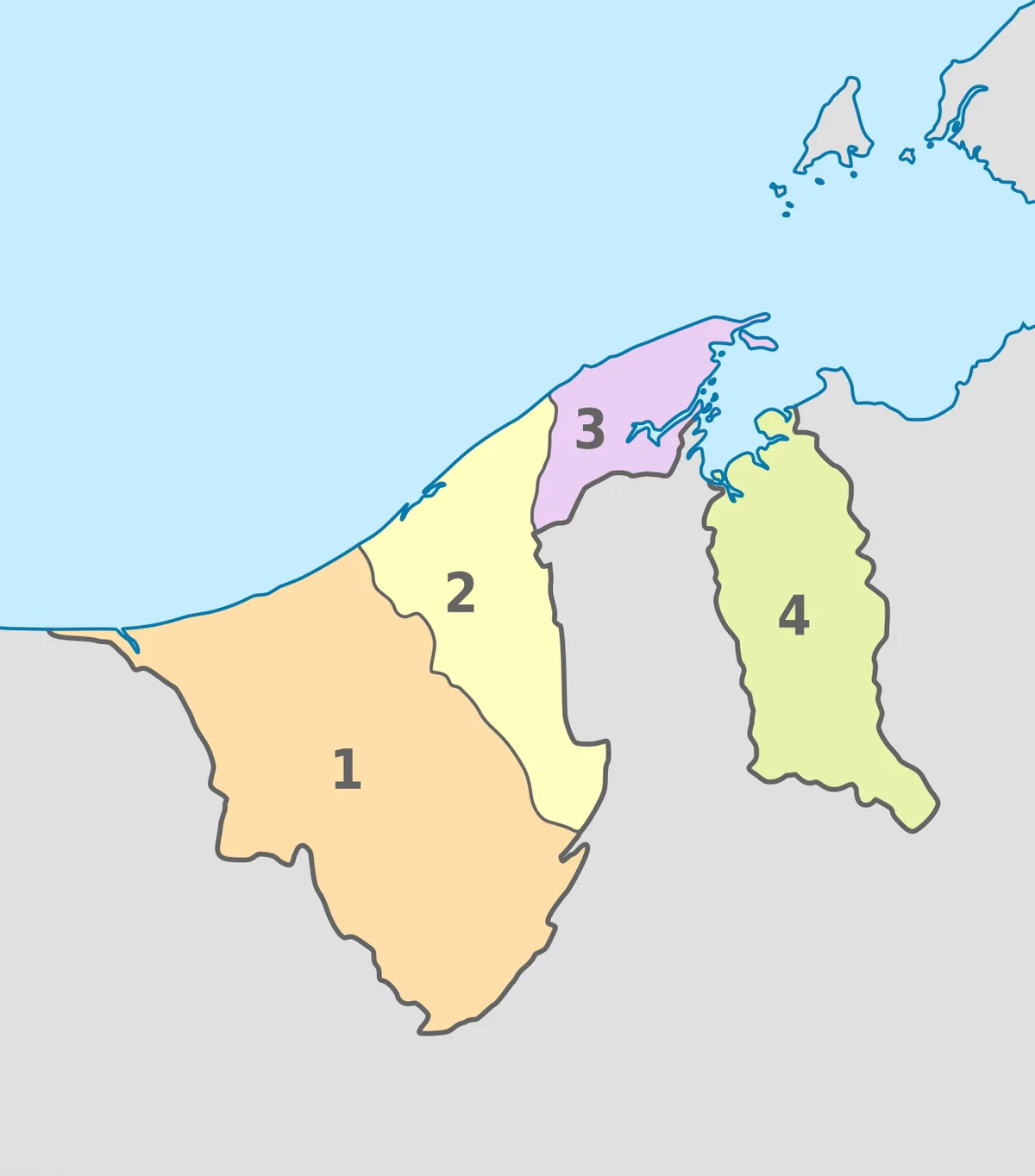 Mapa de Brunéi con los cuatro distritos numerados: Belait, Tutong, Brunei-Muara y Temburong, junto a Sarawak y la bahía de Brunéi