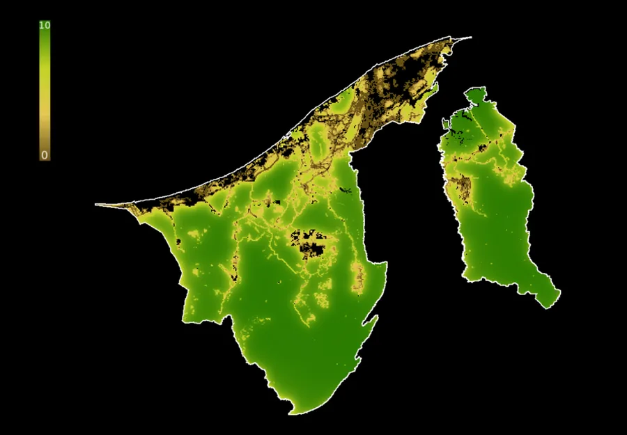 Mapa del índice de integridad del paisaje forestal de Brunéi en 2019 con valores altos en el interior y menores cerca de la costa urbanizada
