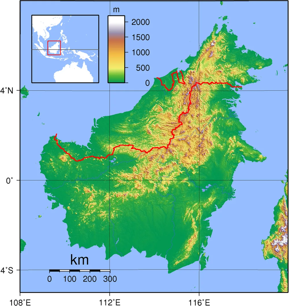 Mapa topográfico de Borneo con fronteras en rojo entre Indonesia, Malasia y Brunéi, relieve insular, norte de Borneo y localizador regional