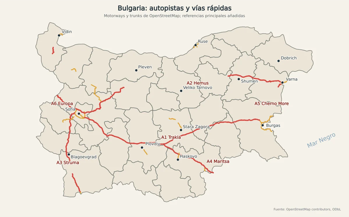 Mapa de autopistas de Bulgaria en 2026 con Trakia, Hemus, Struma, Maritsa, Europa y Cherno More