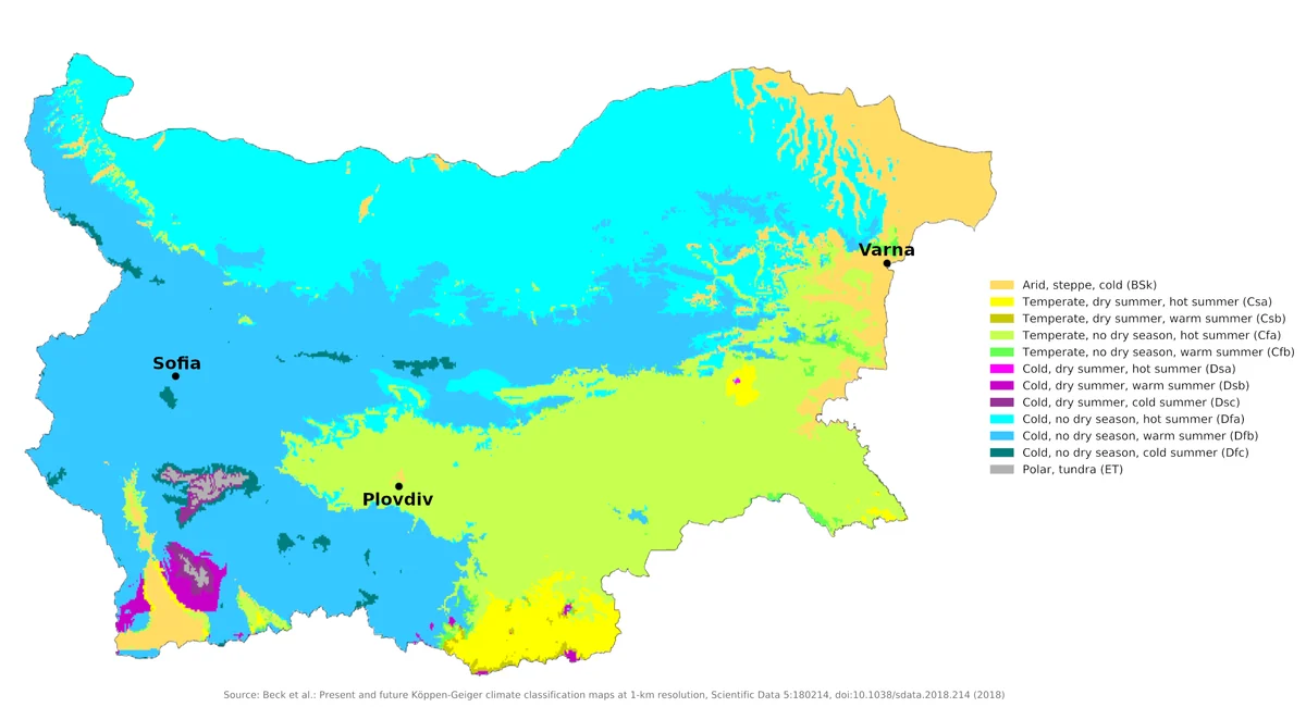 Mapa de Bulgaria con clasificación climática Koppen-Geiger y contrastes entre llanuras, montañas y costa del mar Negro