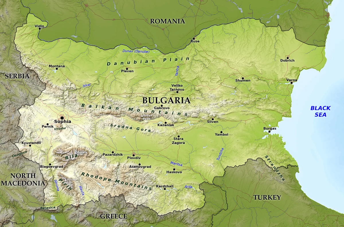 Mapa físico de Bulgaria con relieve, montes Balcanes, Rila, Pirin, Rodopes, Danubio y mar Negro