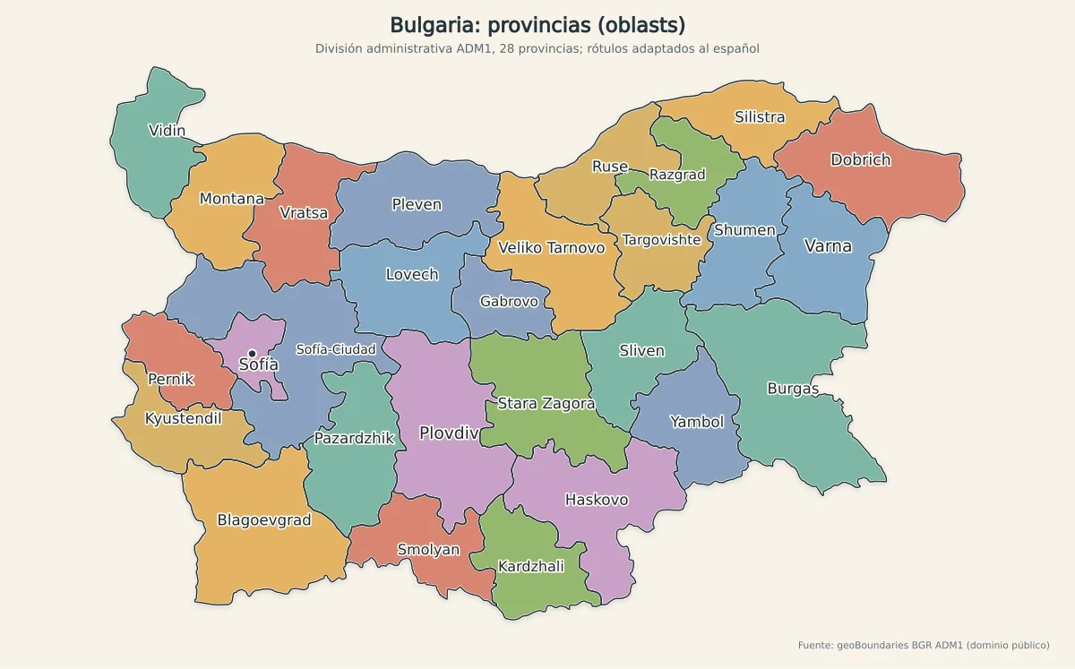 Mapa de Bulgaria con sus 28 provincias u oblasts, Sofía, Plovdiv, Varna, Burgas, Ruse, Pleven, Stara Zagora y Dobrich