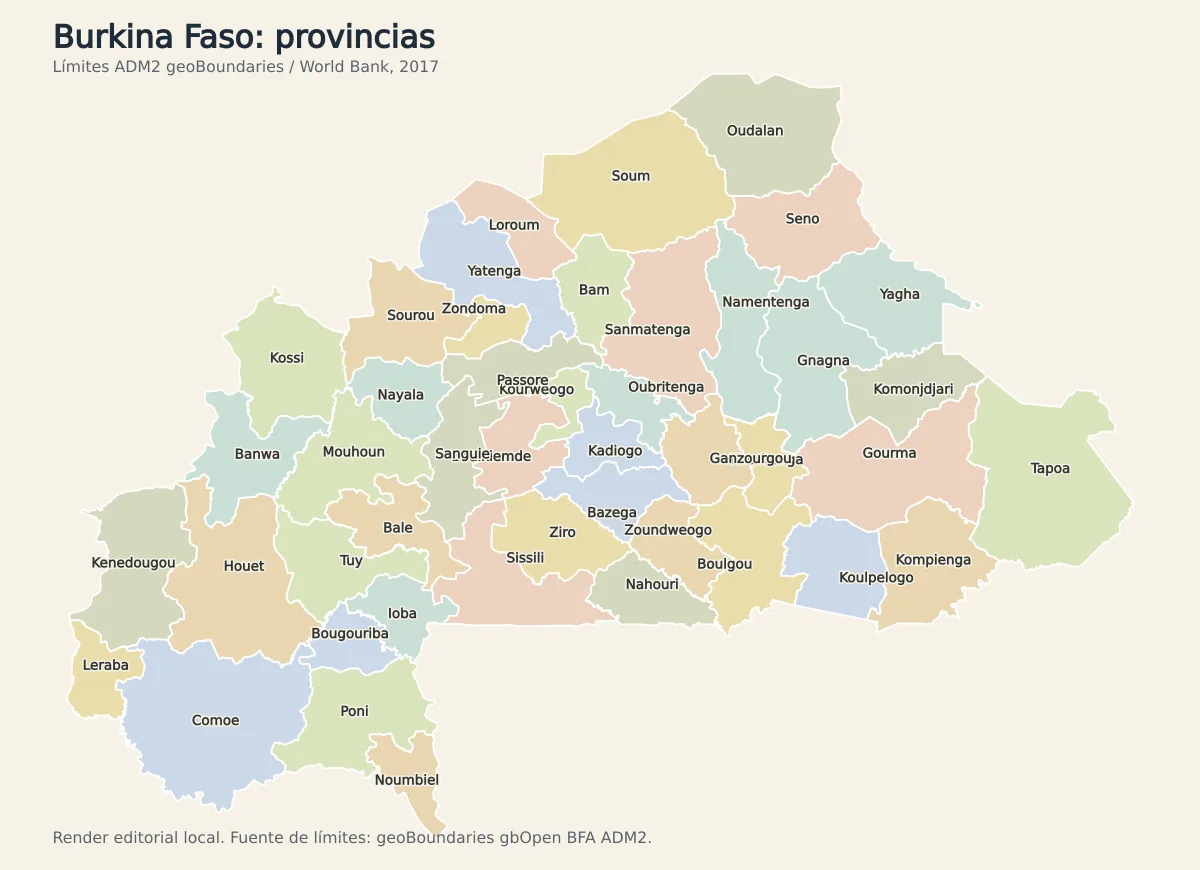 Mapa de Burkina Faso con las 45 provincias delimitadas y rotuladas