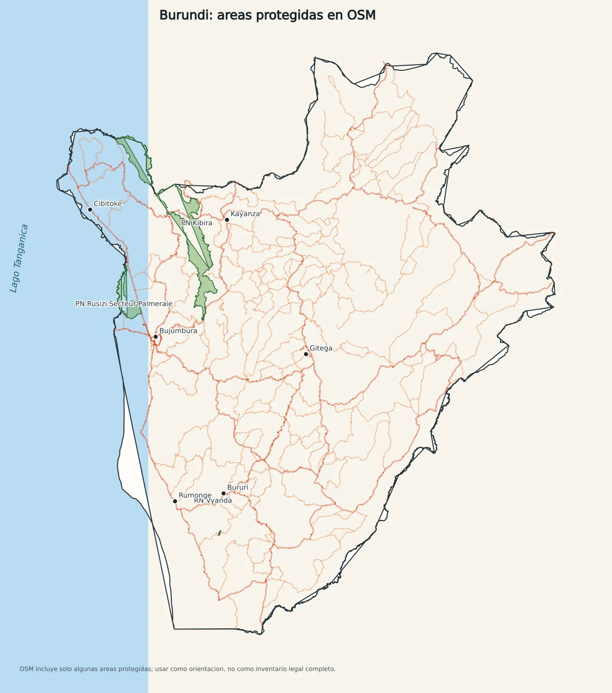 Mapa de áreas protegidas de Burundi con Parque Nacional de Kibira, sector Palmeraie de Rusizi, reserva natural de Vyanda, Bujumbura, Gitega y lago Tanganica