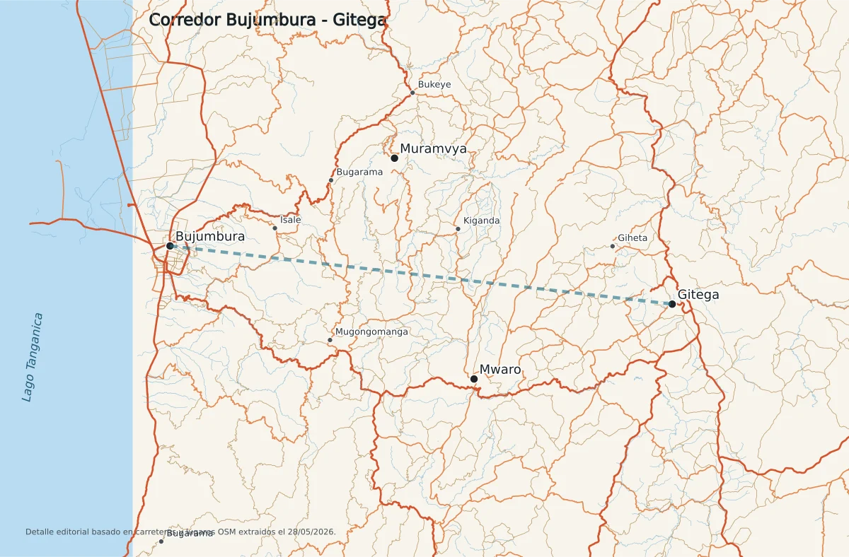 Detalle del corredor entre Bujumbura y Gitega con carreteras, Muramvya, Mwaro, Bukeye, Bugarama, Isale, Kiganda, Giheta y el lago Tanganica