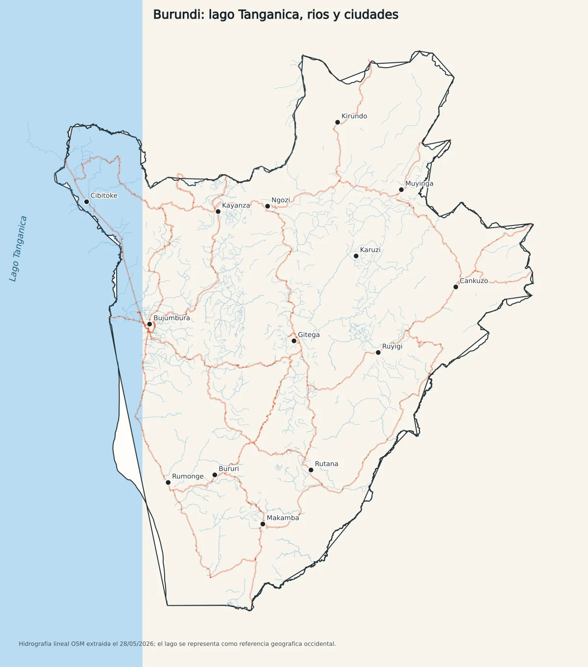 Mapa hidrográfico de Burundi con lago Tanganica, ríos, carreteras principales y ciudades como Bujumbura, Gitega, Ngozi, Muyinga, Rumonge y Makamba