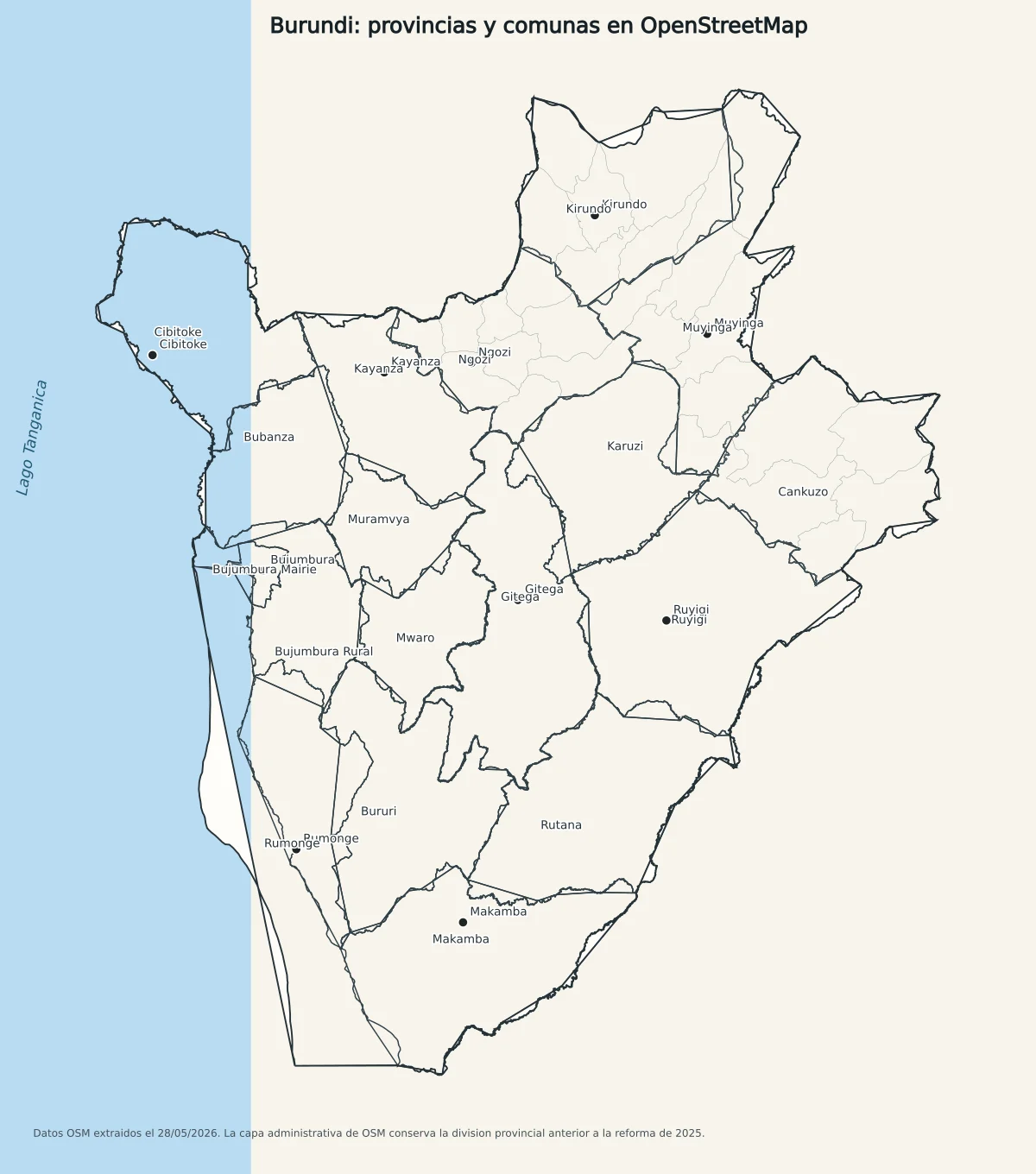 Mapa administrativo de Burundi con provincias, comunas, lago Tanganica y ciudades como Bujumbura, Gitega, Ngozi, Muyinga, Rumonge y Makamba
